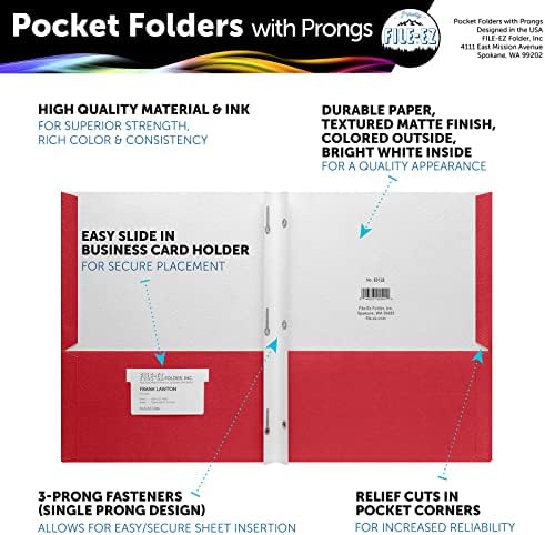 FILE-EZ Two-Pocket Folders with 3-Prong Fasteners, Red Color, 25-Pack, Durable Textured Paper, Matte Finish, Letter Sheet Size (EZ-92558) - Image 2