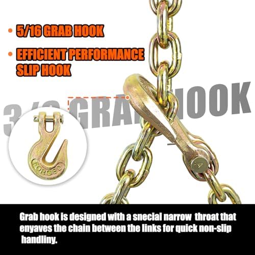 TKK 5/16" G80 Trailer Tow Chain, 8 FT Heavy-Duty Safety Chain Equipped with Snap Hook and Clevis Grab Hook, Rated 4,900 lbs WLL - Image 2