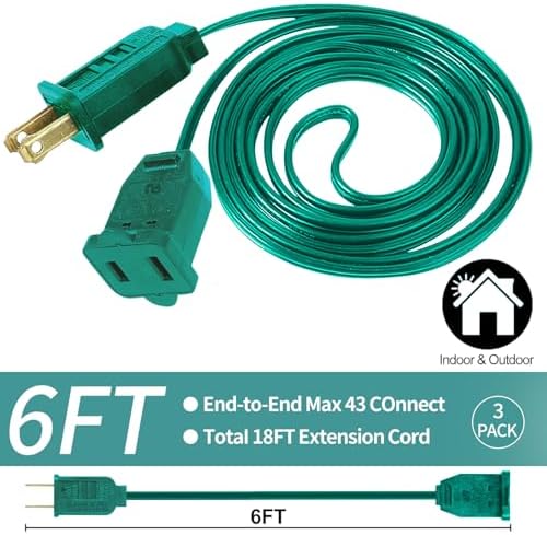 3 Pack Green Extension Cord 6 Feet 2 Prong Extension Cord for Christmas Lights Waterproof with 2 Pole Brass Straight Blades Polarized Plug, for Connect/Extend Christmas Light Indoor Outdoor (18Ft) - Image 2