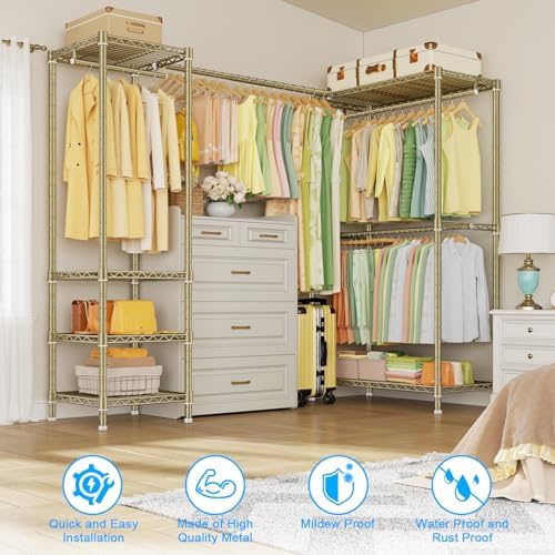 ULIFHOME E10L L-Shaped Clothes Rack for Corner（With Expandable Hanger Rod）Heavy Duty Freestanding Clothing Racks for Hanging Clothes，Portable Garment Rack 58-82"W x 30"D x 72"H，Max Load 900LBS，Gold - Image 5