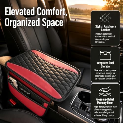 Center Console Cover, PU Leather Car Armrest Cushion with Side Storage Pockets, Universal Armrest Protector Organizer for SUV Truck Sedan (Red) - Image 3