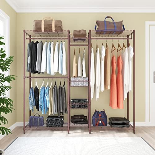 XIOFIO 6 Tiers Heavy Duty Garment Rack,Clothing Storage Organizer, Metal Clothing Rack,Clothing Rack with Hanging Rod,Adjustable Shelf and Fixed Baskets,60.7"L x 15.7"W x 70.5"H Max Load 720LBS,Bronze - Image 2