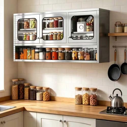 ZZV 59” Kitchen Wall Cabinet, Stainless Steel Wall Mounted Cabinet with Adjustable Shelves, Industrial Wall Storage Cabinet for Garage, Warehouse, No Assembly Required, 11.82D x 59.06W x 27.56H in - Image 5