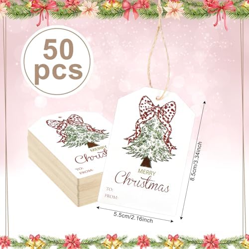 Teling 50 Pcs Christmas Gift Tags with String Red Bow Merry Christmas Tags - Image 2