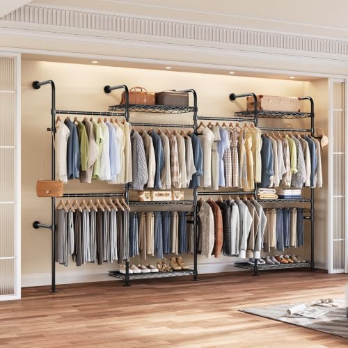 Closet Organizers Wall Mounted Closet System, 4-Row Heavy Duty Garment Clothes Rack, Industrial Pipe Clothing Rack with 4 Telescopic Rods, 2 Fixed Rods, 5 Hooks, 6 Shelves & 2 Pants Hangers for Rooms by Seedsec