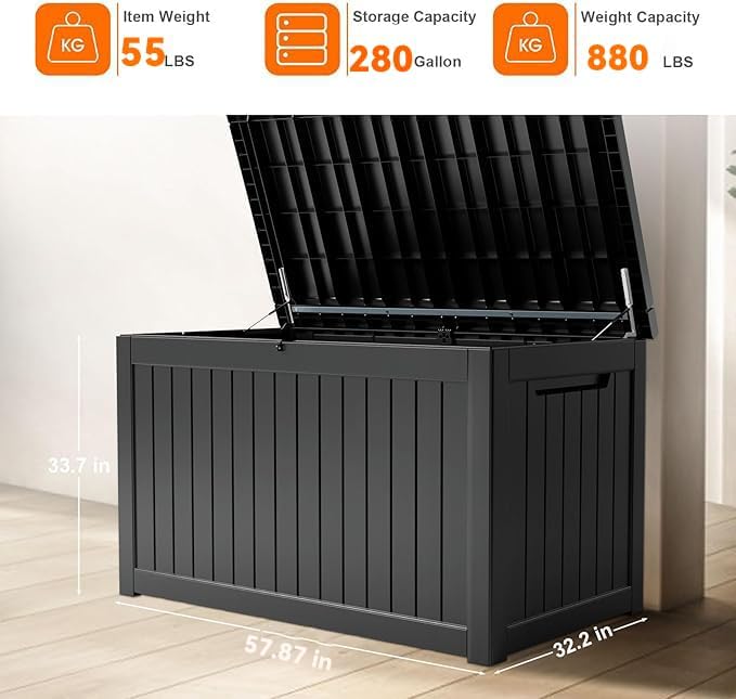 280 Gallon Resin Deck Box, Lockable Patio Outdoor Storage Box - Image 3