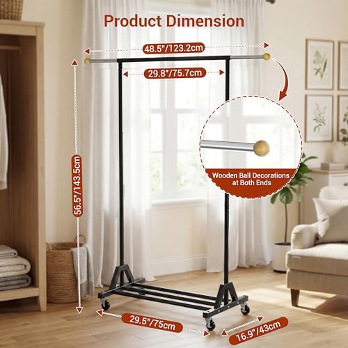 Rolling Garment Rack - Retractable Clothes Rack with Hanging Rods, Lockable Wheels and Bottom Storage Shelf - Sturdy Coat Rack, Freestanding Clothing Organizer for Bedroom, Laundry & Closet - Image 3