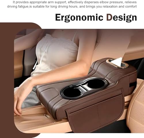 Car Armrest Cushion, Exquisite Embroidered Lines 4-in-1 Car Center Console Organizer Pad with Tissue Box, Cup Holder, 2 Storage Bags, Universal for Most Cars (Coffee) - Image 7