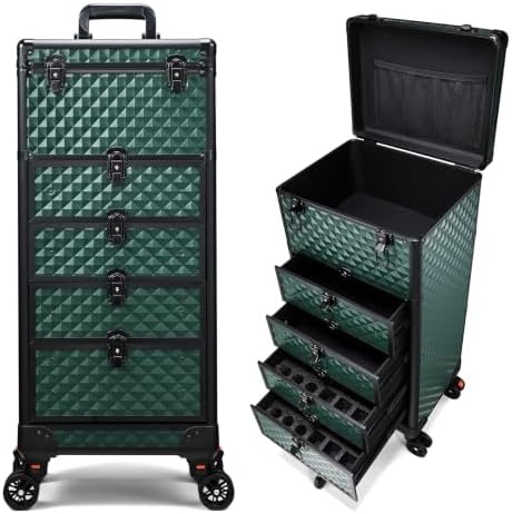 Yueieoun Nail Salon Cart with 4 Drawers,Rolling Makeup Train Case for Beauty,Cosmetology Case on Wheels Trolley Cart,Lockable Organizer Travel Case for Manicure/Face Painting/Hairstylist,DARK GREEN by Yueieoun