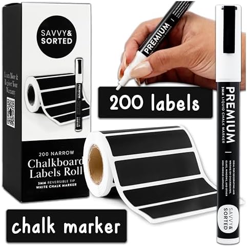 200 Chalkboard Labels for Containers, Removable Black Jar Labels Stickers with Chalk Marker, Reuseable Pantry Containers and Storage Bin Organization by SAVVYSORTED%C2%AE