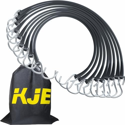 KJE 50Pack 21" Rubber Bungee Cords with S Hooks - Quality EPDM, Heavy Duty Black Bungee Straps, Ideal for Outdoor Tie Downs, Securing Tarps, Canvases, Cargo in Cold Hot Climates by KJE