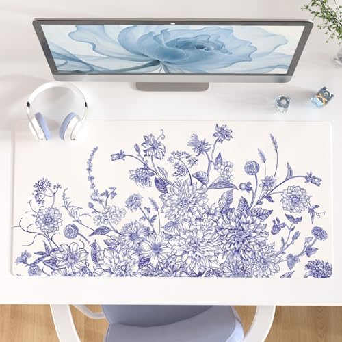 Colorful Star Large Mouse Pad, Floral Desk Mat Office Supplies, Waterproof Faux Leather Big Gaming Mousepad for Women Girls, Vintage Blue Flowers Desk Pad Home Office Décor Accessories 31.5" x 15.7" by ColorfulStar