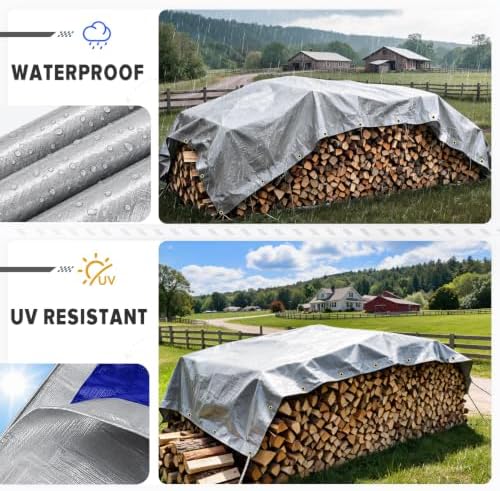 Kesfitt 16 Mil Heavy Duty Waterproof Tarp, 10x10 FT, Silver & Blue - Image 4