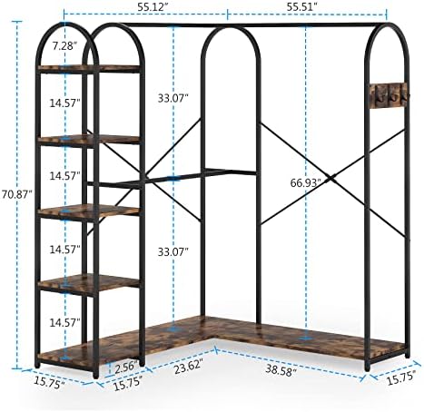 Tribesigns L-Shaped Garment Rack with Shelves, Heavy Duty Corner Clothes Rack with Coat Hooks, Anti-toppling Device, Cloth Hanger Standing Clothing Racks for Hanging Clothes, Rustic Brown - Image 5