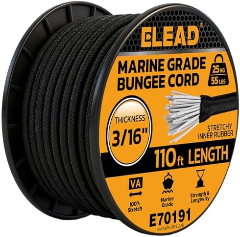 Heavy Duty Bungee Cord Roll, 3/16" x 110ft Marine Grade Outdoor Bungee Cords, Black Super Elastic Shock Cords, Long Cord for Cargo, Camping, Bike Racks, Tents by ELEAD