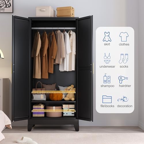 GAIOUS Metal Wardrobe Cabinet with Mirror and Hanging Rod, 71" Black - Image 5
