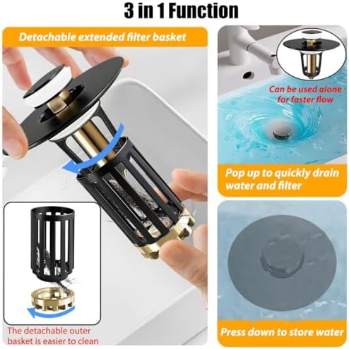 Anlige 3 in 1 Pop Up Bathroom Sink Stopper, Bathroom Sink Drain Strainer - Image 3