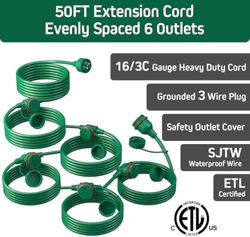 50FT Green Outdoor Extension Cord 6 Outlets Plugs with Waterproof Cover - Image 3