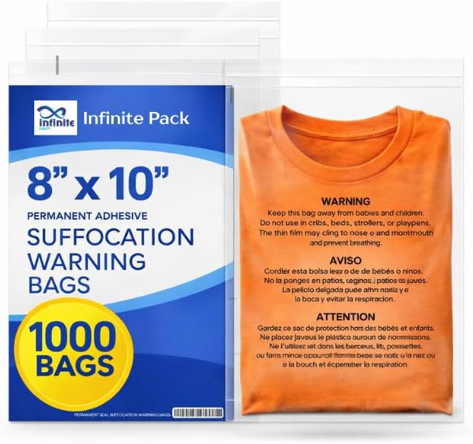 Infinite Pack 8” X 10” 1000 CT Self Seal Clear Poly Bags with Suffocation Warning for Packaging, T Shirts & FBA Permanent Adhesive by InfinitePack