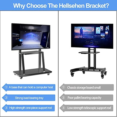 Hellsehen Mobile TV Stand,Rolling TVs Cart on Wheels Height Adjustable Heavy-Duty Floor Stand Base for 32-75 Inch LCD LED OLED Flat Panel Screens Smartboard Movable Holds up to 220lbs with Shelf - Image 2