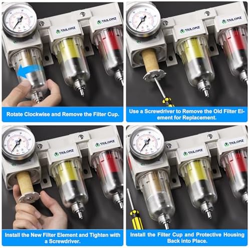 TAILONZ PNEUMATIC 0-150PSI 1/4 Inch NPT Grade 3 Stage Air Drying System, Particulate Filter, Air Filter Pressure Regulator Combo Piggyback, Air Tool Compressor Filter with Gauge (Semi-Auto Drainage） - Image 6