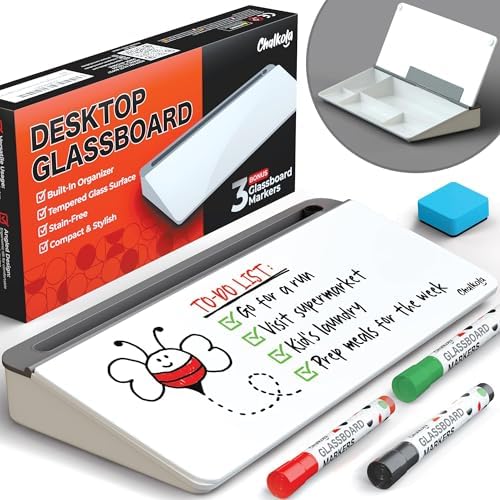 Chalkola Glass Desktop Whiteboard with Storage, Desk Dry Erase Board Buddy by Chalkola