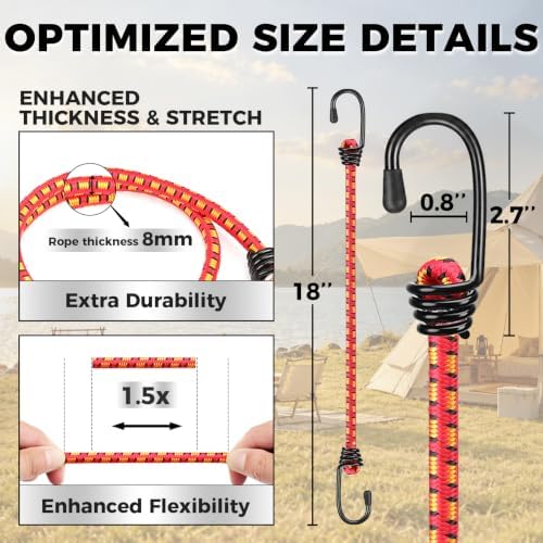 10-Piece 18" Elastic Bungee Cords with Hooks, Heavy Duty Outdoor Elastic Bungee Cords, Bungee Cord Bundle with Metal Hook for Securing Tarps, Luggage, Tents, Bikes or Garden Tidying - Image 2