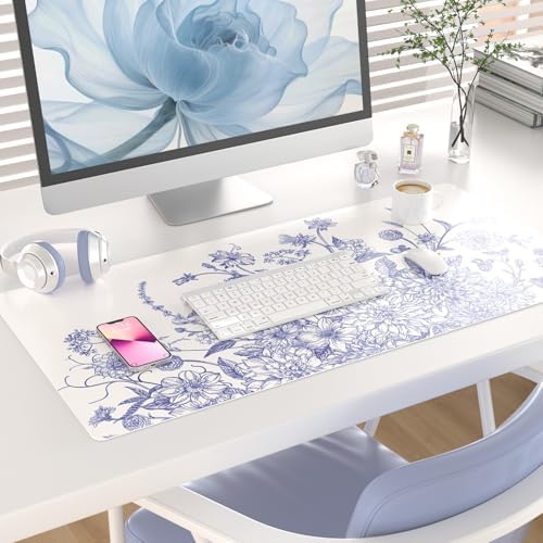 Colorful Star Large Mouse Pad, Floral Desk Mat Office Supplies, Waterproof Faux Leather Big Gaming Mousepad for Women Girls, Vintage Blue Flowers Desk Pad Home Office Décor Accessories 31.5" x 15.7" - Image 2