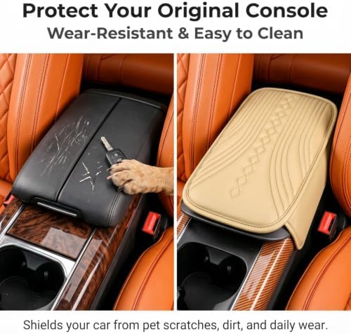 Multifunctional Car Center Console Cover Pad, 12.60"L x 3.15"W Leather Car Armrest Box Pad, Auto Armrest Cushion with 2 Storage Bags, Universal for Most Cars (Beige) - Image 6