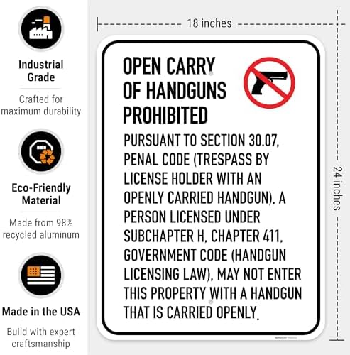 No Open Carry of Handgun Prohibited Texas §3007 Sign, - Image 3