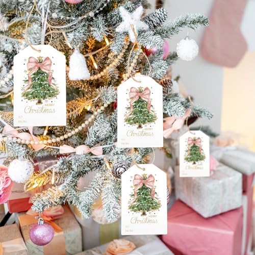Teling 50 Pcs Christmas Gift Tags with String Pink Bow Merry Christmas Tags - Image 3