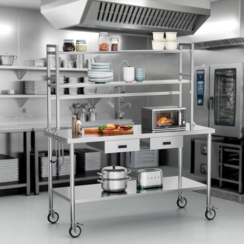 ROVSUN Stainless Steel Table with Wheels & Overshelves 60" X 24", NSF Commercial Heavy Duty Pre Table with Drawers & Adjustable Undershelf，Metal Table with Detachable Hooks for Kitchen Restaurant - Image 3