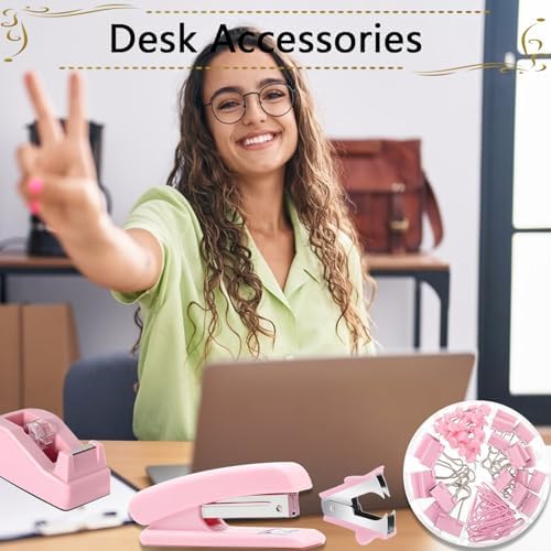 Office Supplies,Pink Desk Accessories, Stapler and Tape Dispenser Set for Women with Stapler,Tape Dispenser,Staple Remover,Staples,Clips,Scissors and Tabs,Gift for Students,Coworkers,Teacher,Business - Image 4