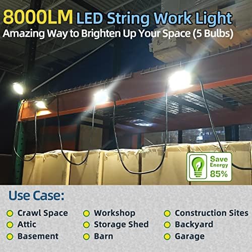 Owleye 50FT Led String Work Light 85W 8000LM Waterproof Construction String Lights Linkable Temporary Work Lighting Outdoor Indoor Worklight (5 Light Heads)-2 Pack - Image 2