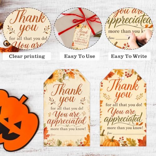 Thankful Fall Gift Tags with String, 50PCS Thanksgiving Hanging Tags for Gift Wrapping, Autumn Harvest Thank You Labels for Friendsgiving, Party Favors, Bakery Packaging - A02 - Image 3