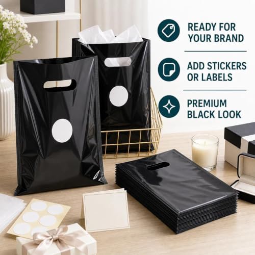 ysmile Plastic Merchandise Bag with Handle for Retail, Plastic Shopping Bag Die Cut for Small Business Extra Thick 11.8"x15.8" - Black - Image 4