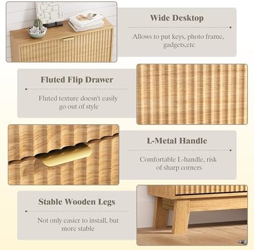 HUANLEGO Shoe Cabinet Storage for Entryway with 3 Flip Drawers, Fluted Narrow Shoe Organizer with Wooden Legs, Freestanding Slim Shoe Storage Hidden Shoe Rack Organizer for Front Door Entrance, Oak - Image 5