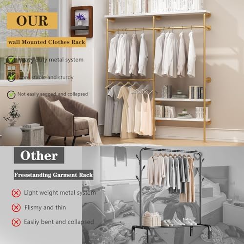 HOMEKAYT Industrial Pipe Clothes Rack with Shelves, Gold Clothing Rack Wall Mounted Heavy Duty Multi-Purpose Storage Clothes Hanging Shelf - 70.8''L Gold - Image 2