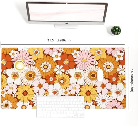 Faux Leather Large Mouse Pad, Office Desk Mat, 31.5"x15.7", Retro Flowers - Image 3