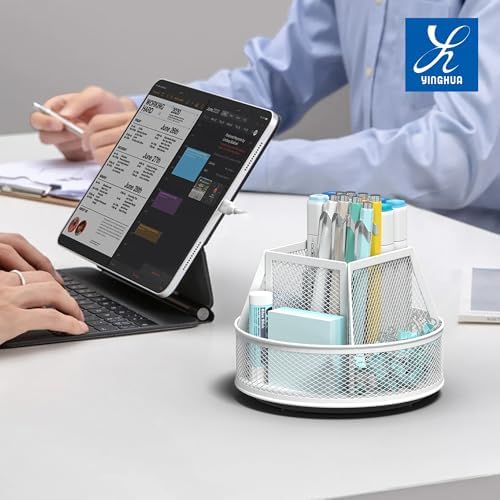 YINGHUA 360°Rotating Mesh Desk Organizer & Pen Holder - White - Image 6