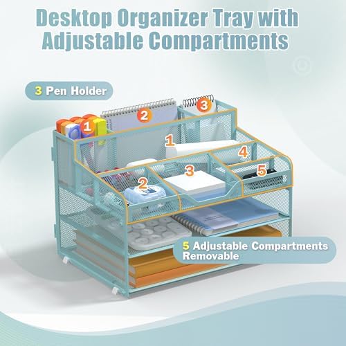 Docnest 3 Tier Mesh Desk Organizer with Letter Tray & Paper Sorter, Blue - Image 4