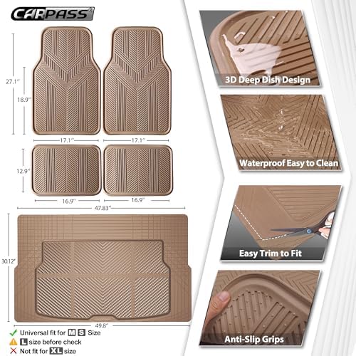 CAR PASS Universal Car Floor Mats & Cargo Liner Full Set, Waterproof Anti-Slip Rubber Trim to Fit Trunk Mats All Weather Protection Fit Car SUV Sedan Coupe Vehicle Automotive 5 Pieces, S-M Size Beige - Image 2