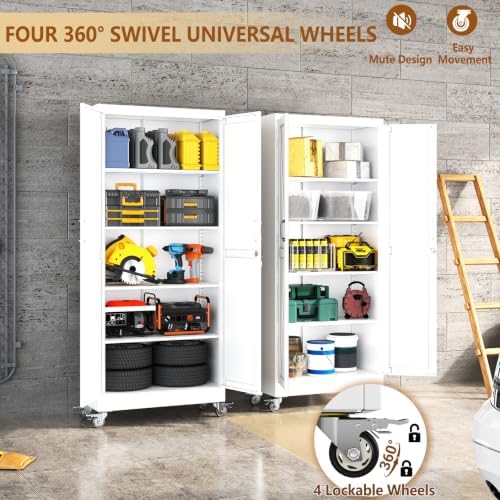 71" Metal Garage Storage Locker Cabinet with Wheels,Rolling White Farmhouse Kitchen Pantry Cabinet with 2 Doors and 4 Adjustable Shelves, Steel File Tool Cabinet for Home Office Warehouse - Image 6
