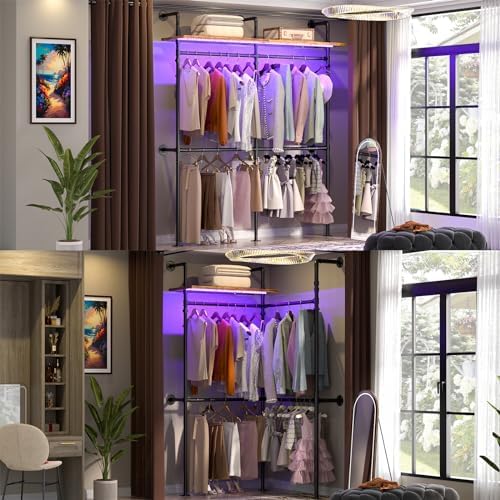Aheaplus Industrial Pipe Clothing Rack, 79.7'' Closet System with LED Light - Image 3