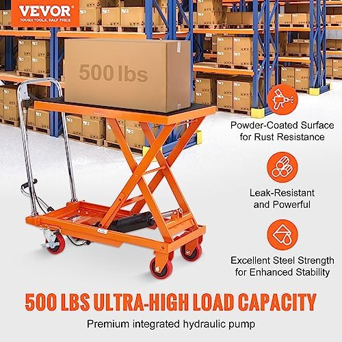 VEVOR TF23 Hydraulic Lift Table Cart, 500lbs Capacity 28.5" with 4 Wheels and Non-Slip Pad, for Material Handling and Transportation, Orange - Image 2