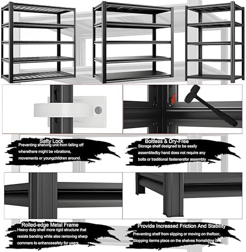 5-Tier Heavy Duty Garage Shelving, 2,750 lbs Capacity Adjustable Metal Storage Shelving Unit for Garage, Basement, Warehouse and Workshop, 35" W x 15.5" D x 72" H - Image 6