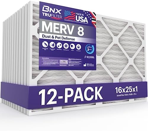 BNX TruFilter 16x25x1 Air Filter MERV 8 (12-Pack) - MADE IN USA – Dust & Pet Defense Electrostatic Pleated Air Conditioner HVAC AC Furnace Filters for Dust, Pet, Mold, Pollen MPR 600 – 700 & FPR 5 by BNX