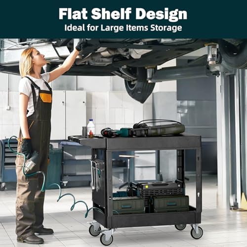 Heavy Duty Utility Service Tool Cart, 39 x 17 in, 2 Shelf Flat Top Rolling Cart with Hanging Board, 550LBS, Swivel Wheels, Ergonomic Handle for Garage, Warehouse, Office, Workshop, Auto Repair - Image 3