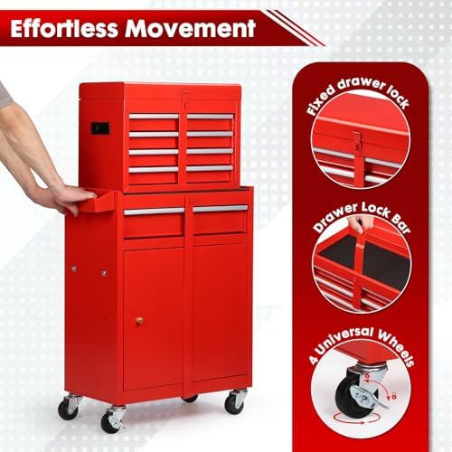 Dawmilon 5-Drawer Rolling Tool Chest with Wheels - High Capacity Tool Cabinet with Detachable Top Toolbox for Garage and Workshop Organization - Metal Tool Cart with Liner & 4 Hooks, Red - Image 5
