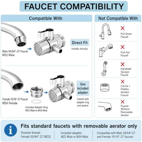 2 Pack Faucet Diverter Valve, 9.5mm Barb for 3/8" ID Flexible Hose, Countertop Water Filter Adapter with Solid Brass Handle, M22 Male to M24 Male Adapter Rings, Clamps & Extra Washers - Image 4